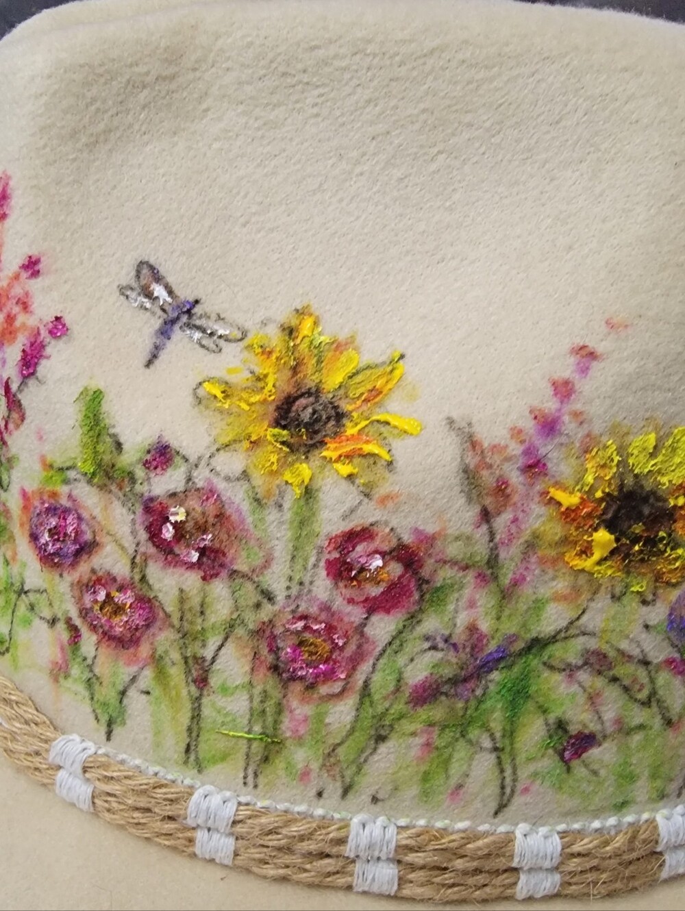 Beige Floral Hand Painted Sunflower Felt Fedora